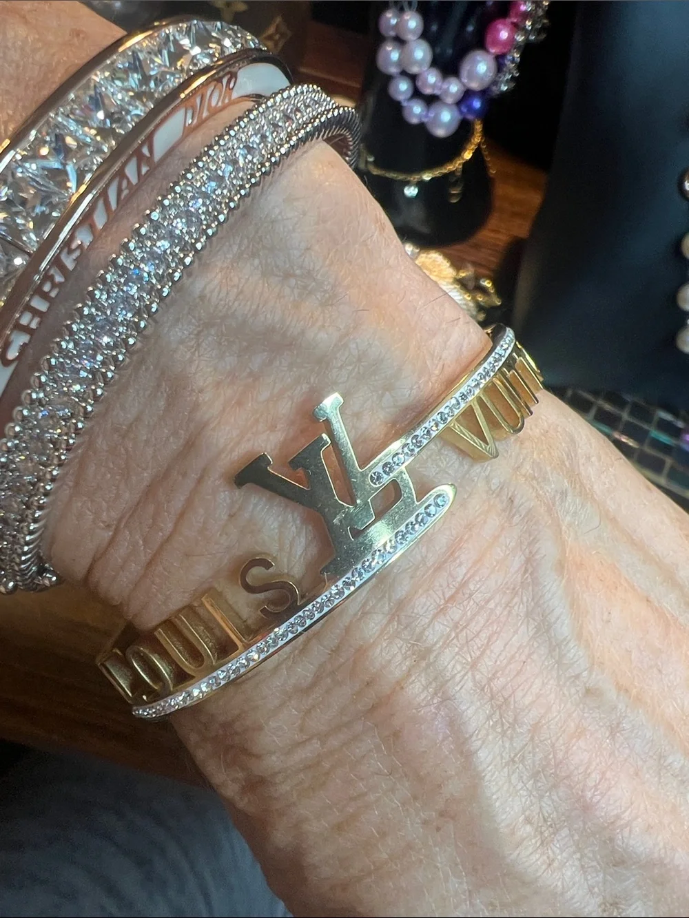 Gold-Tone Stainless Steel Letter Accent Hinged Cuff Bracelet - Women Jewelry